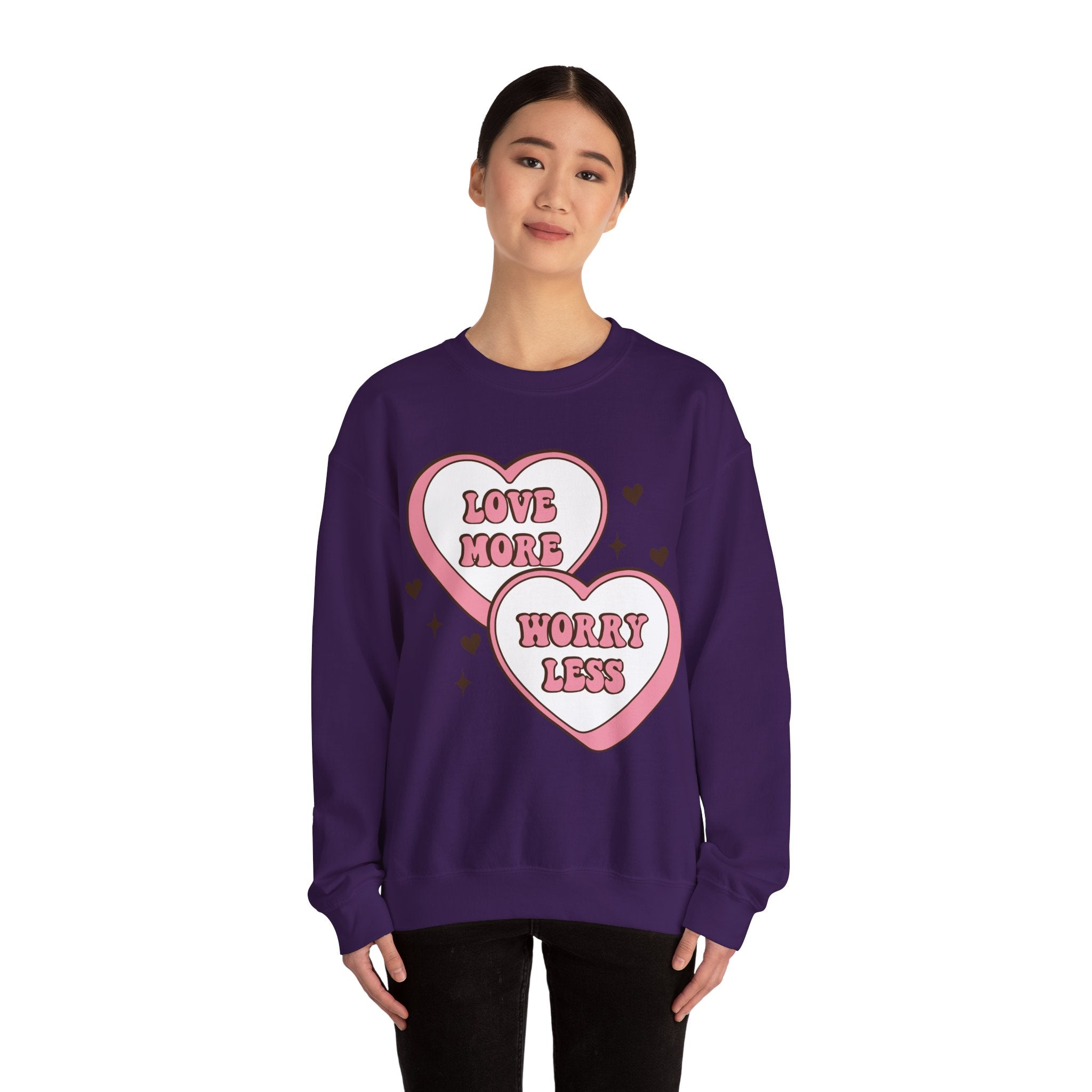 Love More Worry Less Valentines Sweatshirt – Cozy Valentine’s Day Crewneck Sweatshirt