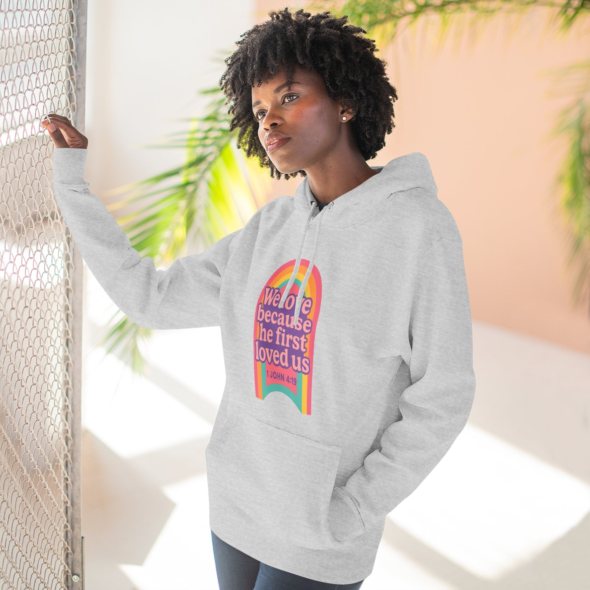 Colorful Love-Inspired Fleece Hoodie | Cozy Gift for Friends, Faith Wear, Rainbow Design, Christian Apparel, Thoughtful Message