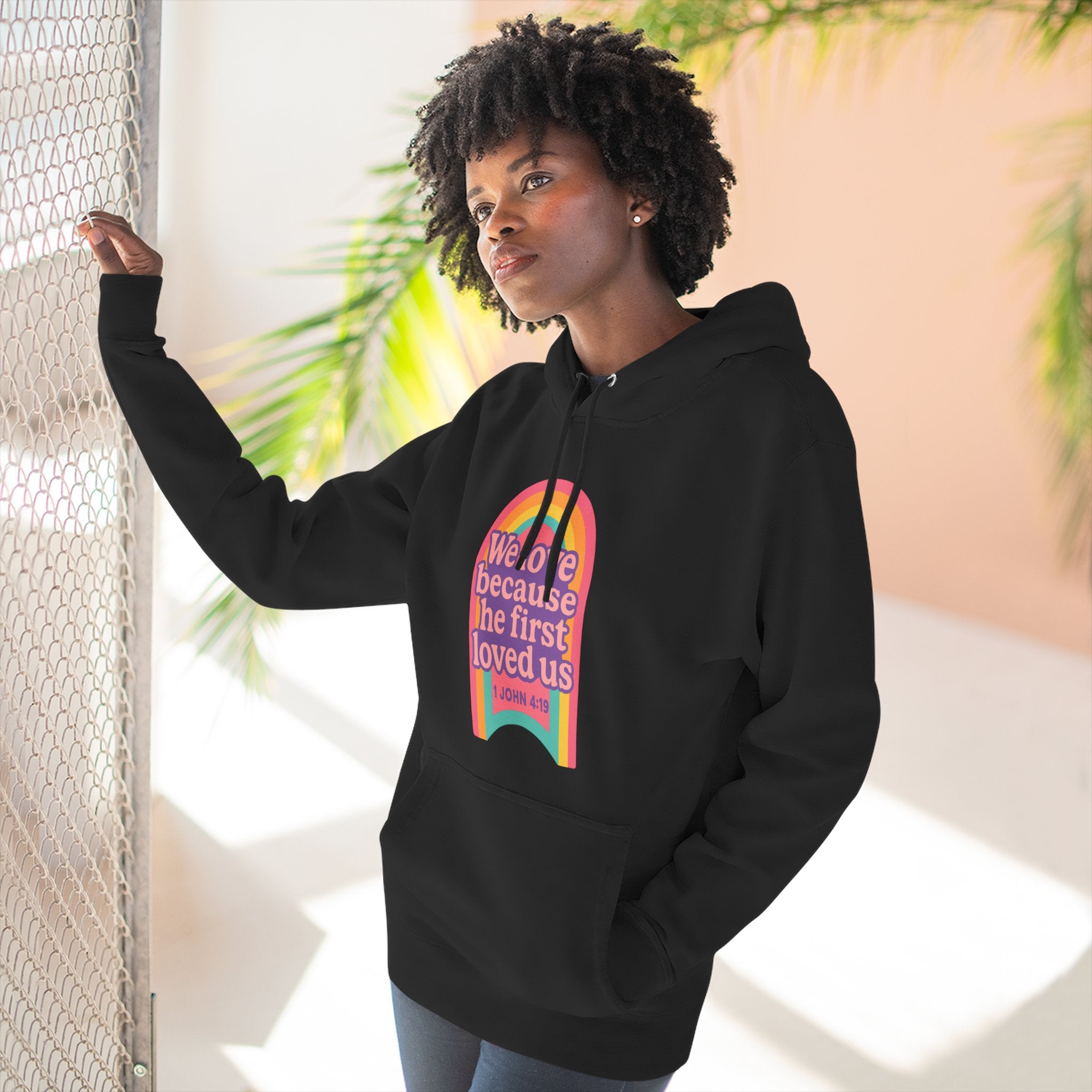 Colorful Love-Inspired Fleece Hoodie | Cozy Gift for Friends, Faith Wear, Rainbow Design, Christian Apparel, Thoughtful Message
