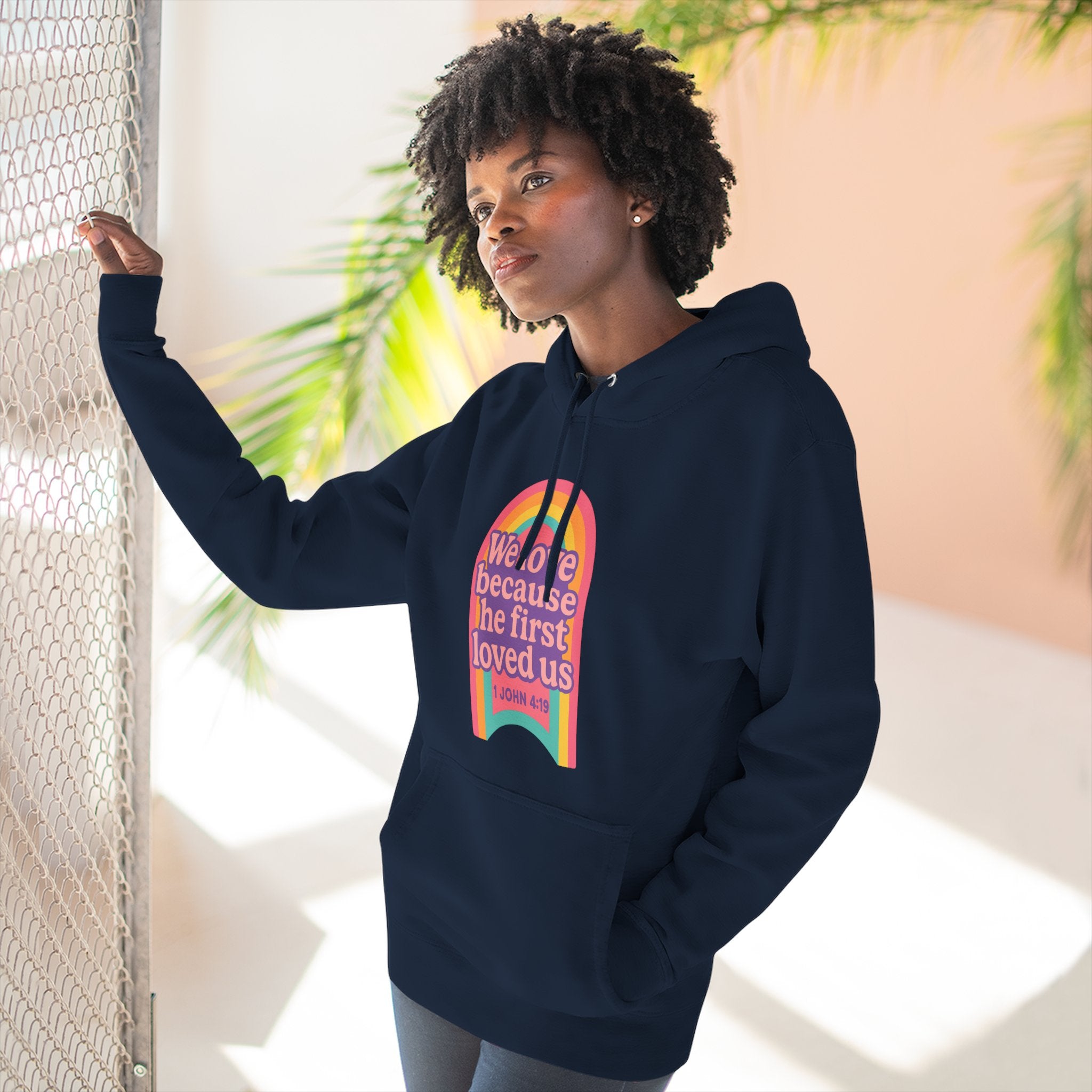 Colorful Love-Inspired Fleece Hoodie | Cozy Gift for Friends, Faith Wear, Rainbow Design, Christian Apparel, Thoughtful Message