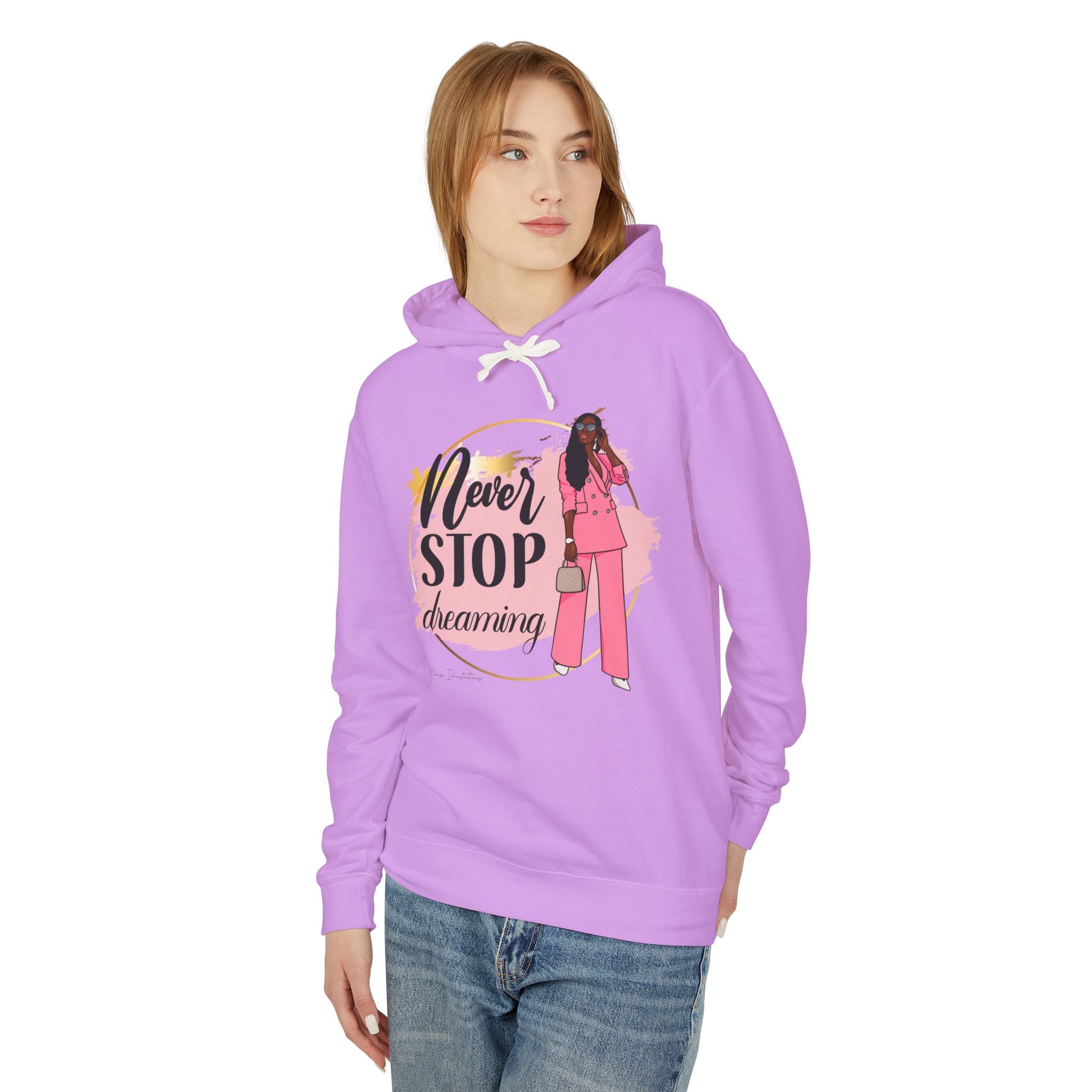 Women's Lightweight Hooded Sweatshirt with 'Never STOP dreaming' Design, Motivational Gift, Cozy Casual Wear, Perfect for Dreamers