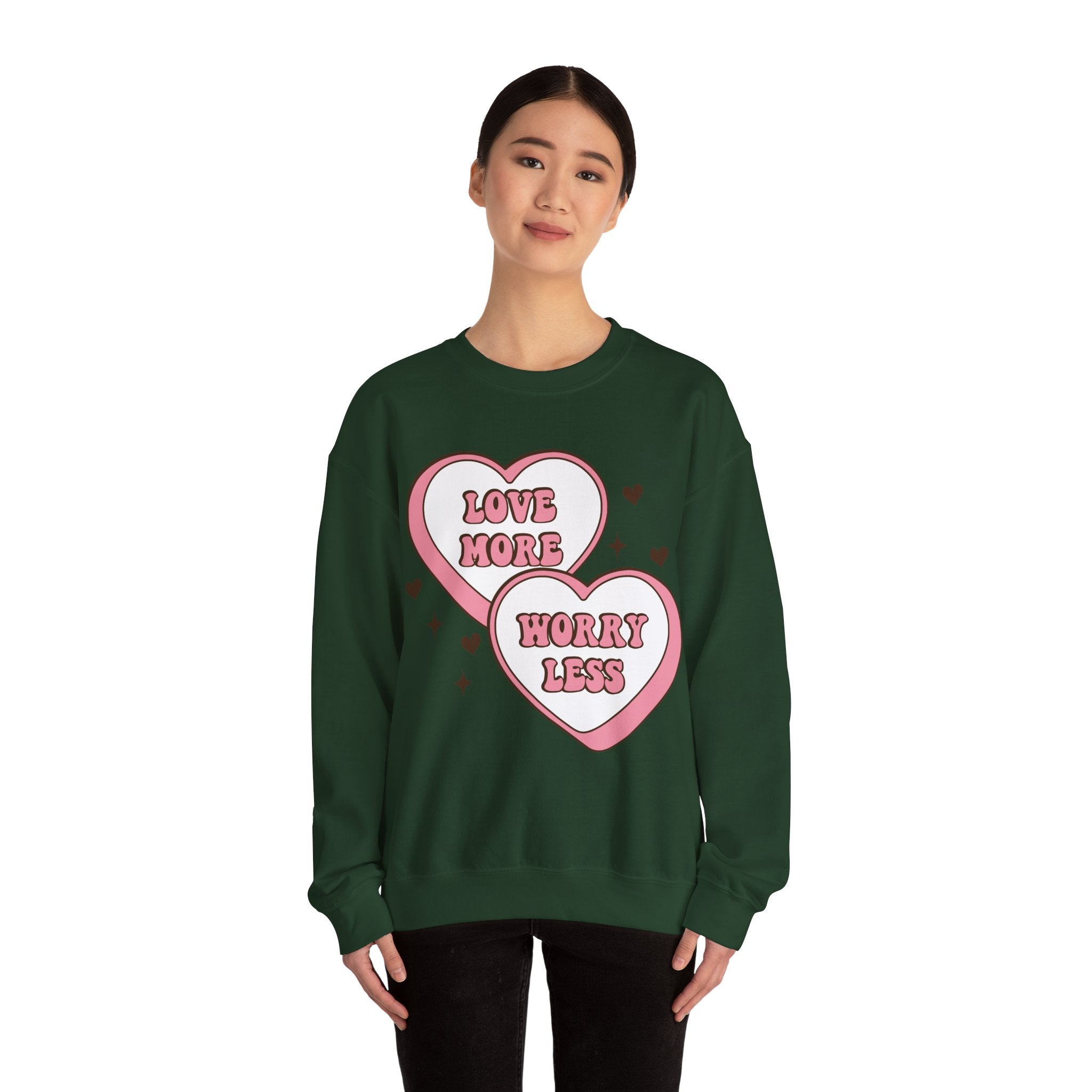 Love More Worry Less Valentines Sweatshirt – Cozy Valentine’s Day Crewneck Sweatshirt