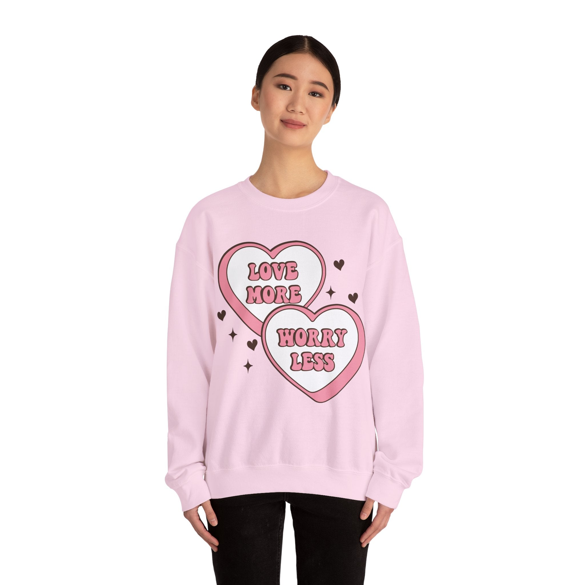 Love More Worry Less Valentines Sweatshirt – Cozy Valentine’s Day Crewneck Sweatshirt