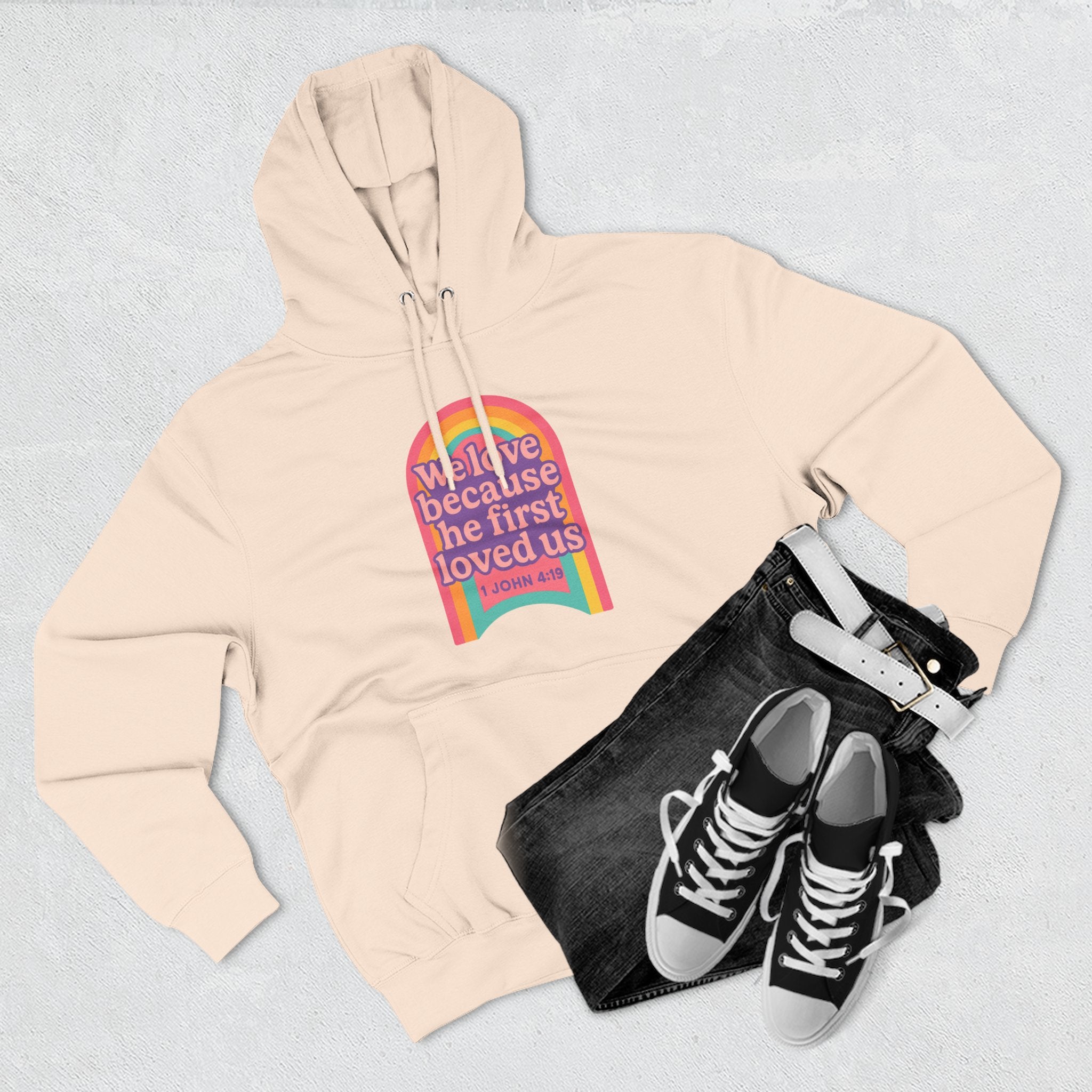 Colorful Love-Inspired Fleece Hoodie | Cozy Gift for Friends, Faith Wear, Rainbow Design, Christian Apparel, Thoughtful Message