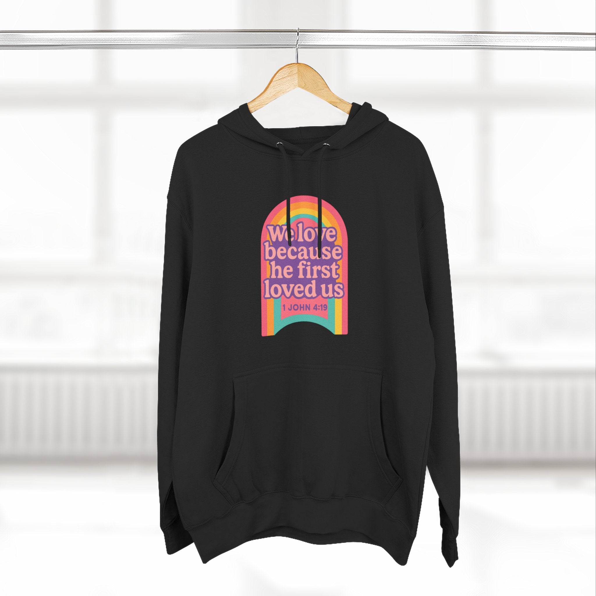 Colorful Love-Inspired Fleece Hoodie | Cozy Gift for Friends, Faith Wear, Rainbow Design, Christian Apparel, Thoughtful Message
