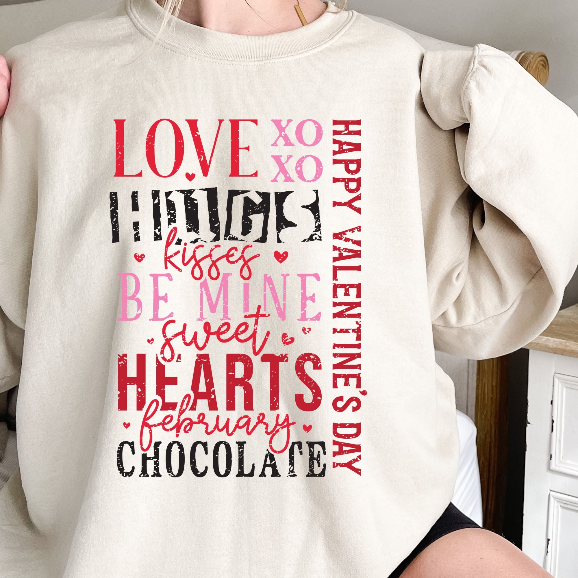 Love Hug Kisses Valentines Sweatshirt – Cute Valentine’s Day Crewneck Sweatshirt