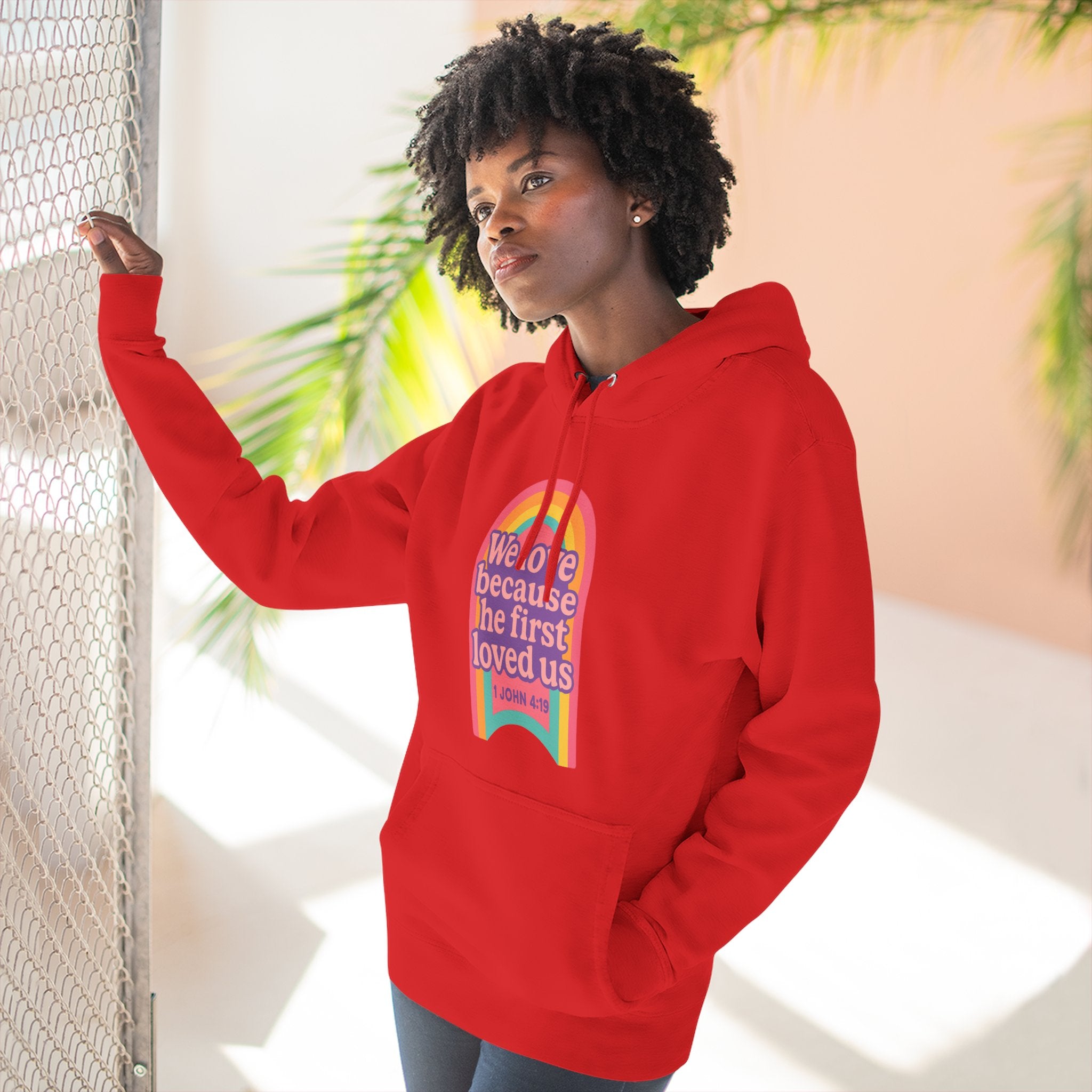 Colorful Love-Inspired Fleece Hoodie | Cozy Gift for Friends, Faith Wear, Rainbow Design, Christian Apparel, Thoughtful Message