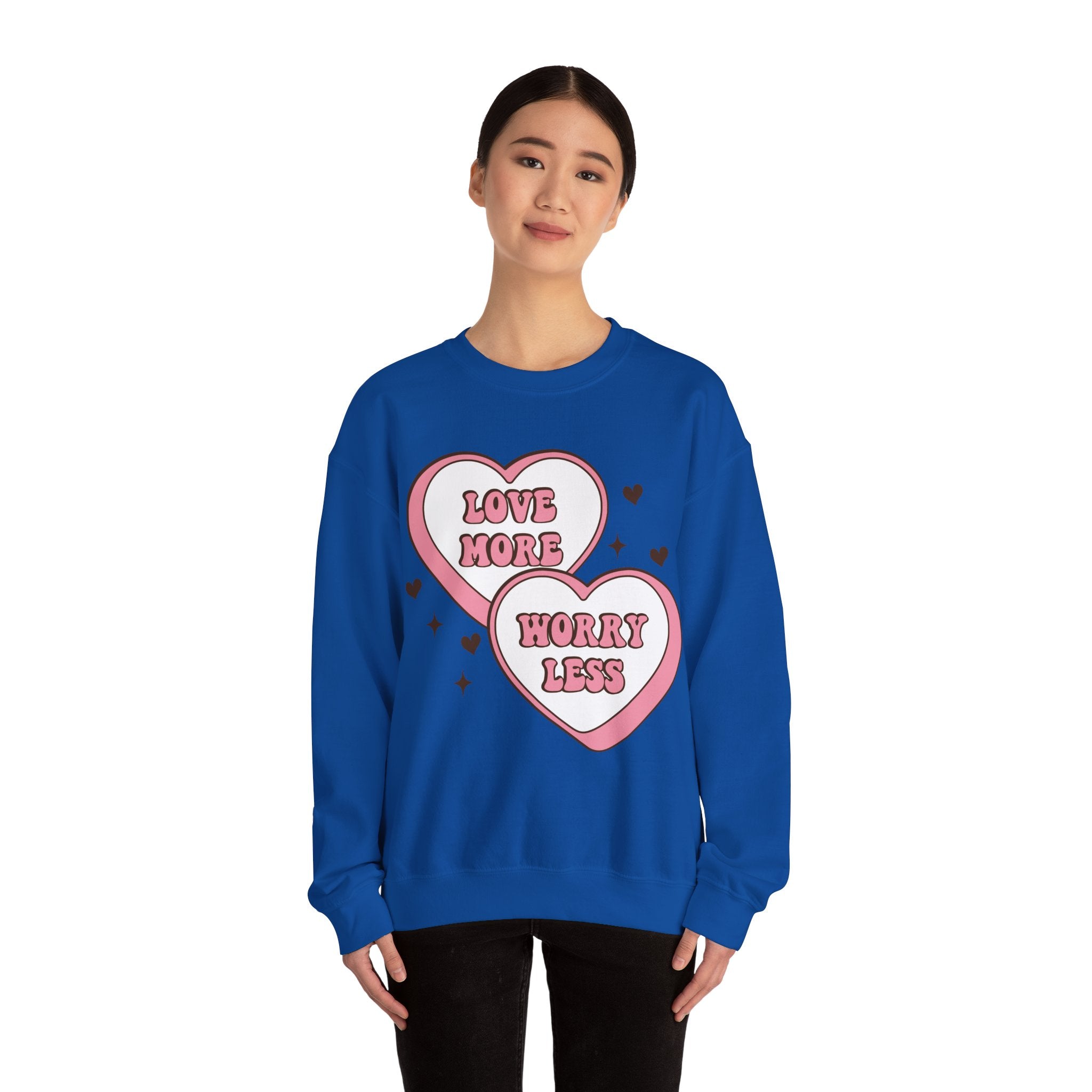Love More Worry Less Valentines Sweatshirt – Cozy Valentine’s Day Crewneck Sweatshirt