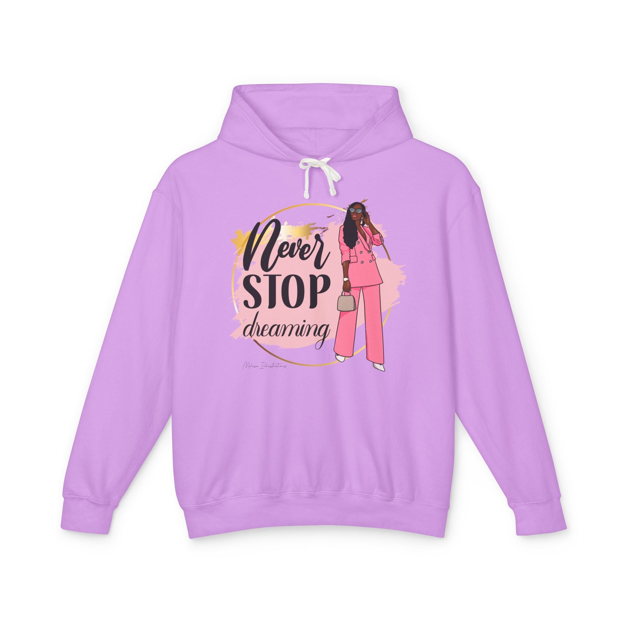 Women's Lightweight Hooded Sweatshirt with 'Never STOP dreaming' Design, Motivational Gift, Cozy Casual Wear, Perfect for Dreamers