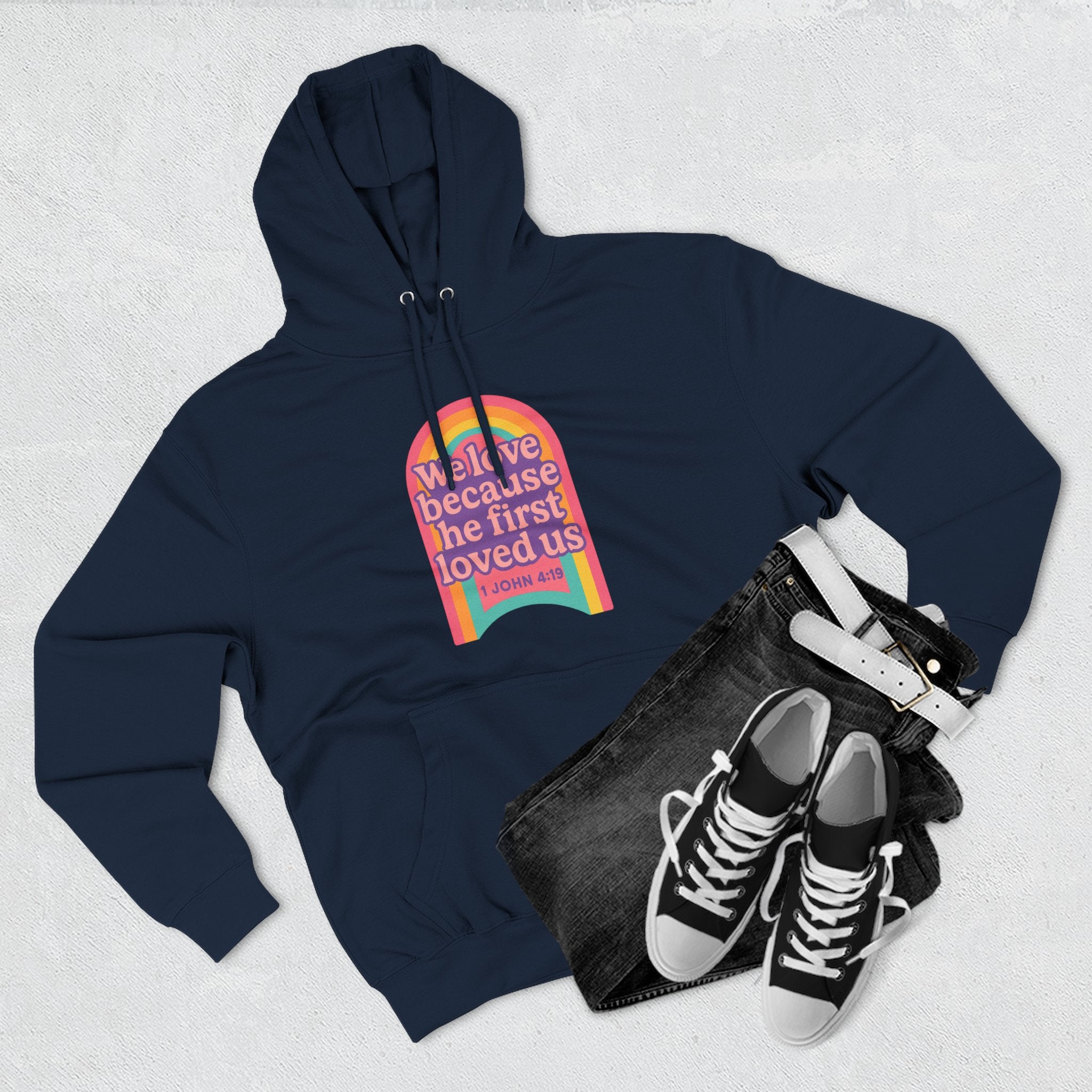 Colorful Love-Inspired Fleece Hoodie | Cozy Gift for Friends, Faith Wear, Rainbow Design, Christian Apparel, Thoughtful Message
