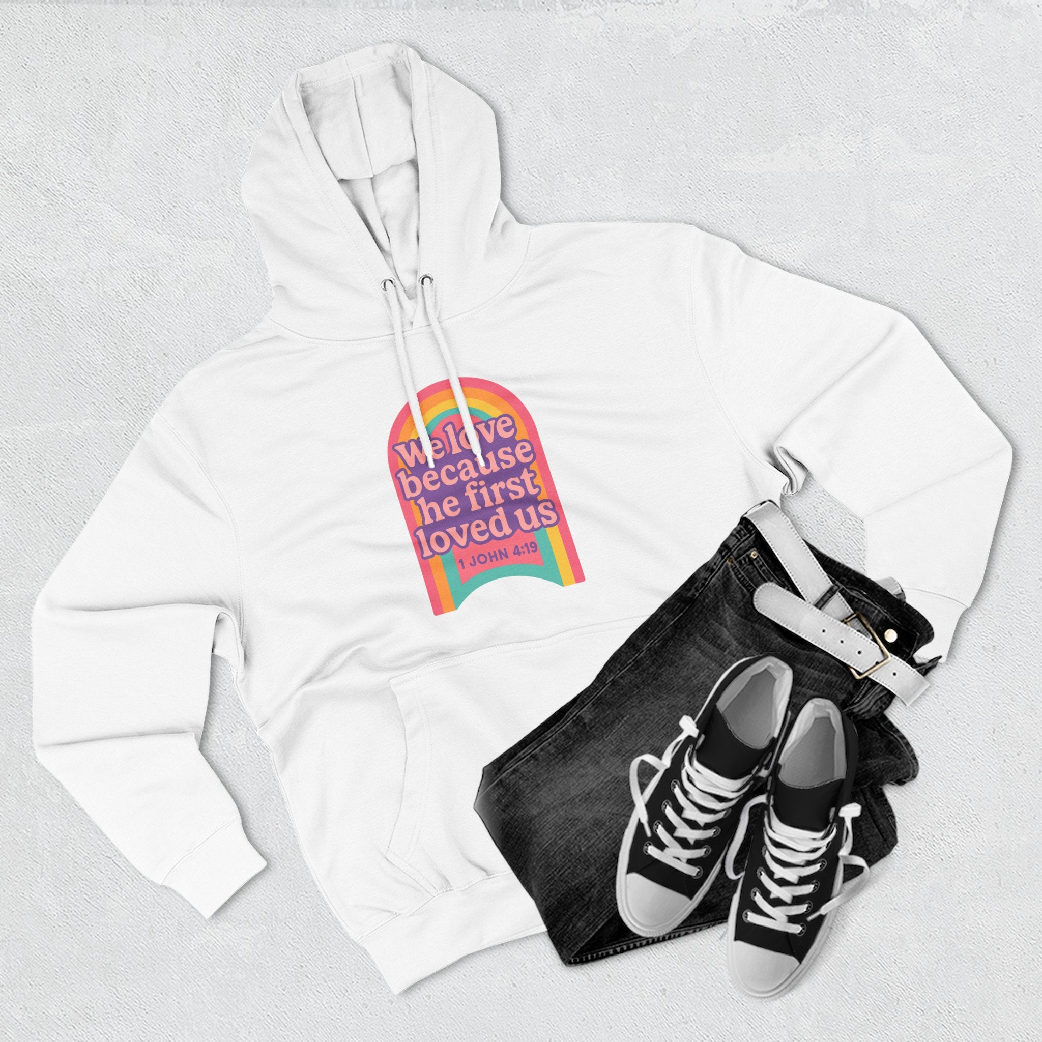 Colorful Love-Inspired Fleece Hoodie | Cozy Gift for Friends, Faith Wear, Rainbow Design, Christian Apparel, Thoughtful Message