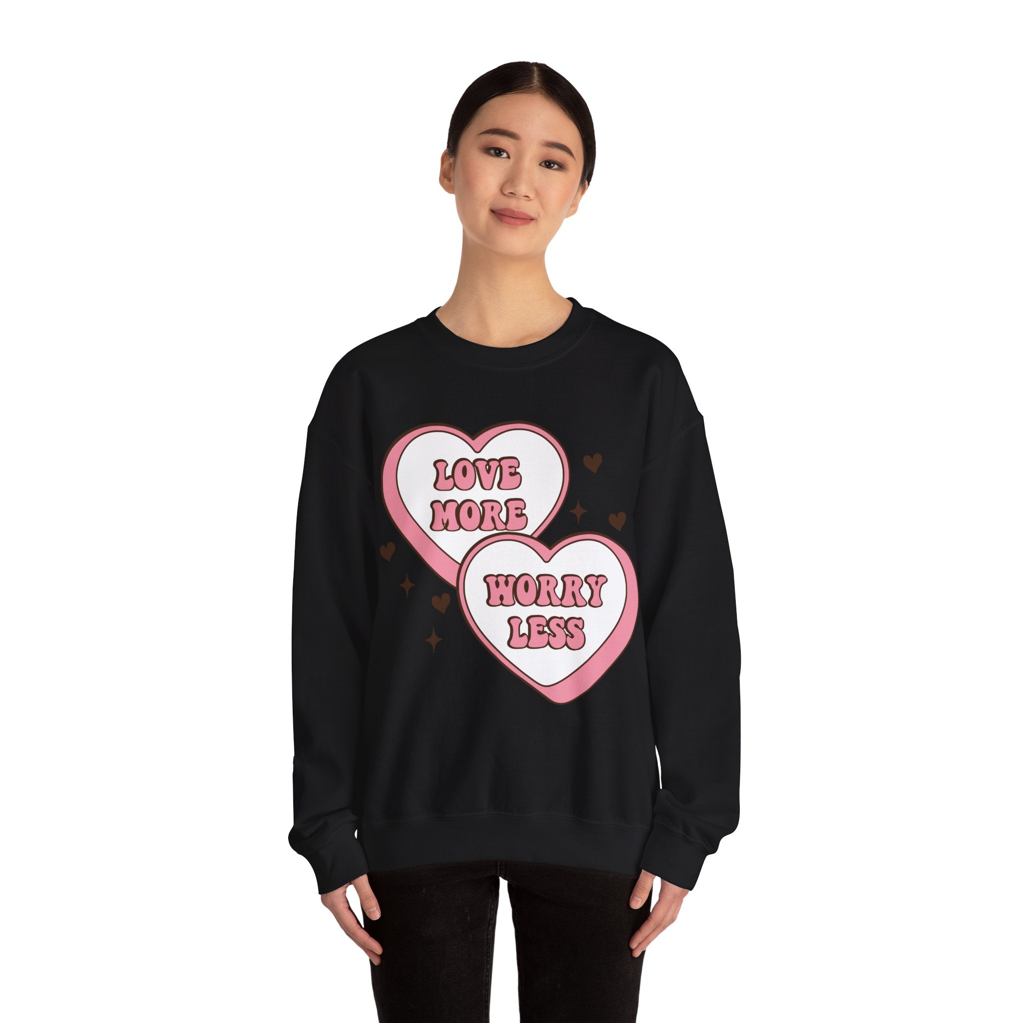 Love More Worry Less Valentines Sweatshirt – Cozy Valentine’s Day Crewneck Sweatshirt