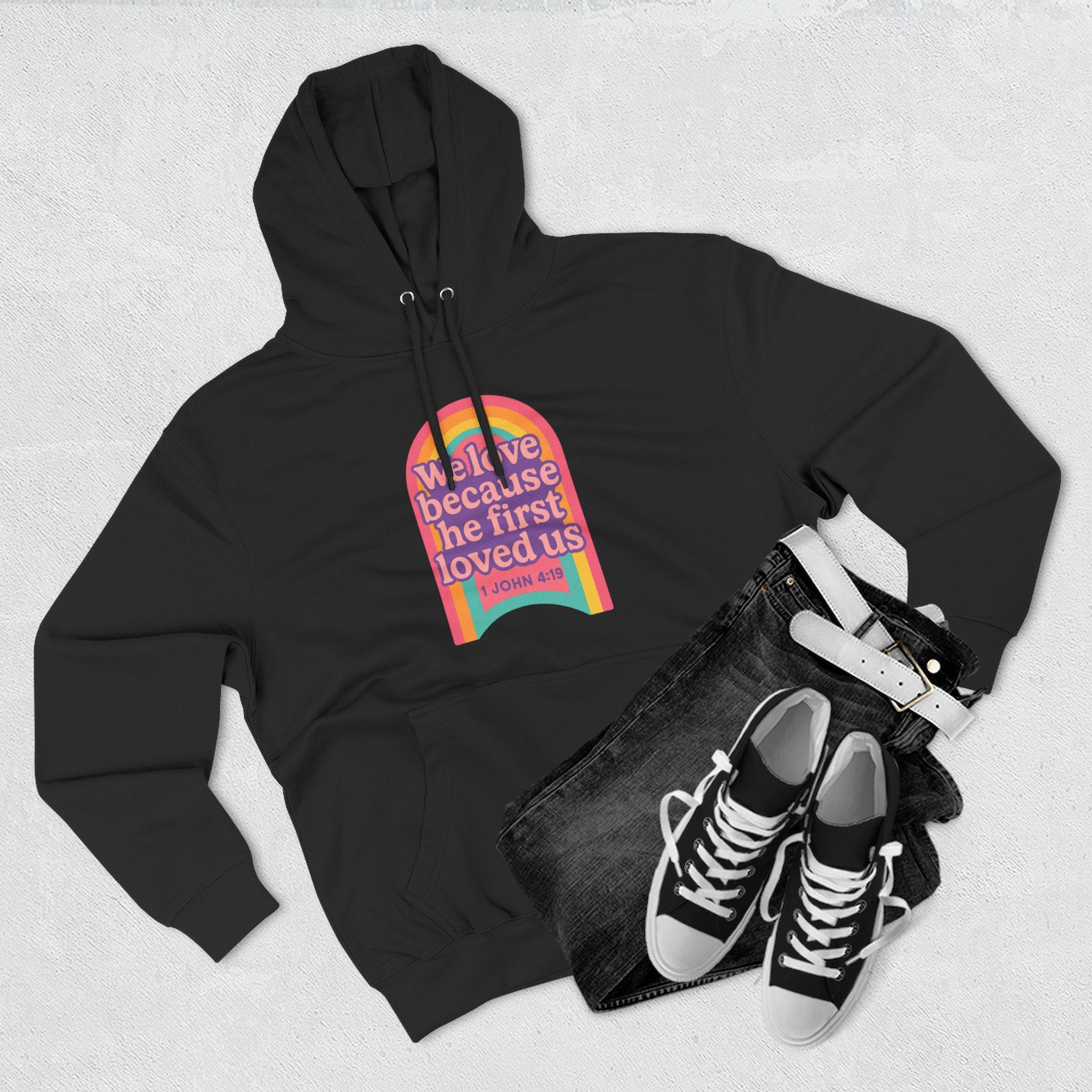Colorful Love-Inspired Fleece Hoodie | Cozy Gift for Friends, Faith Wear, Rainbow Design, Christian Apparel, Thoughtful Message